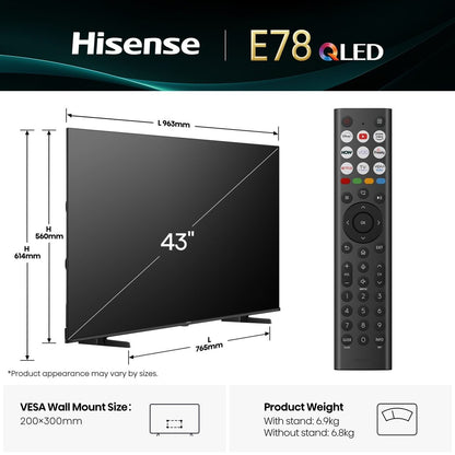 Hisense 43 Inch 43E78KQTUK PRO QLED 4K UHD VIDAA TV UK Delivery GRADE A